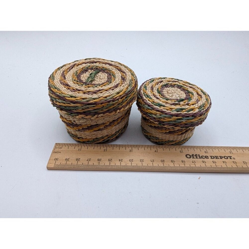 Hand Woven Basket w Lid - Wicker Ethnic Grass Straw Boho Tiny - Green Yellow - Picture 7 of 12